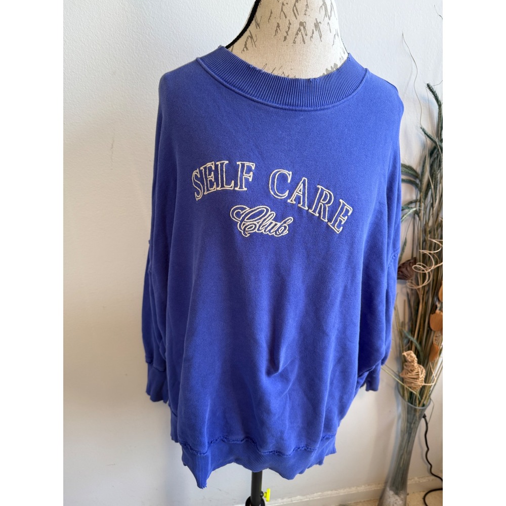 Aerie Self Care Club Blue Oversized Sweatshirt Womens Medium Exposed Seam Crew